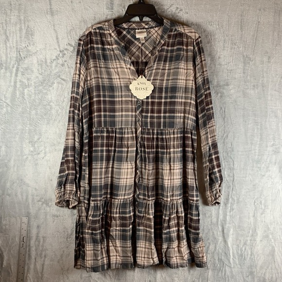 Knox Rose Women's Plaid Dress Tiered Midi Long Sleeve Button Up Taupe‎ Brown XL - Picture 1 of 8